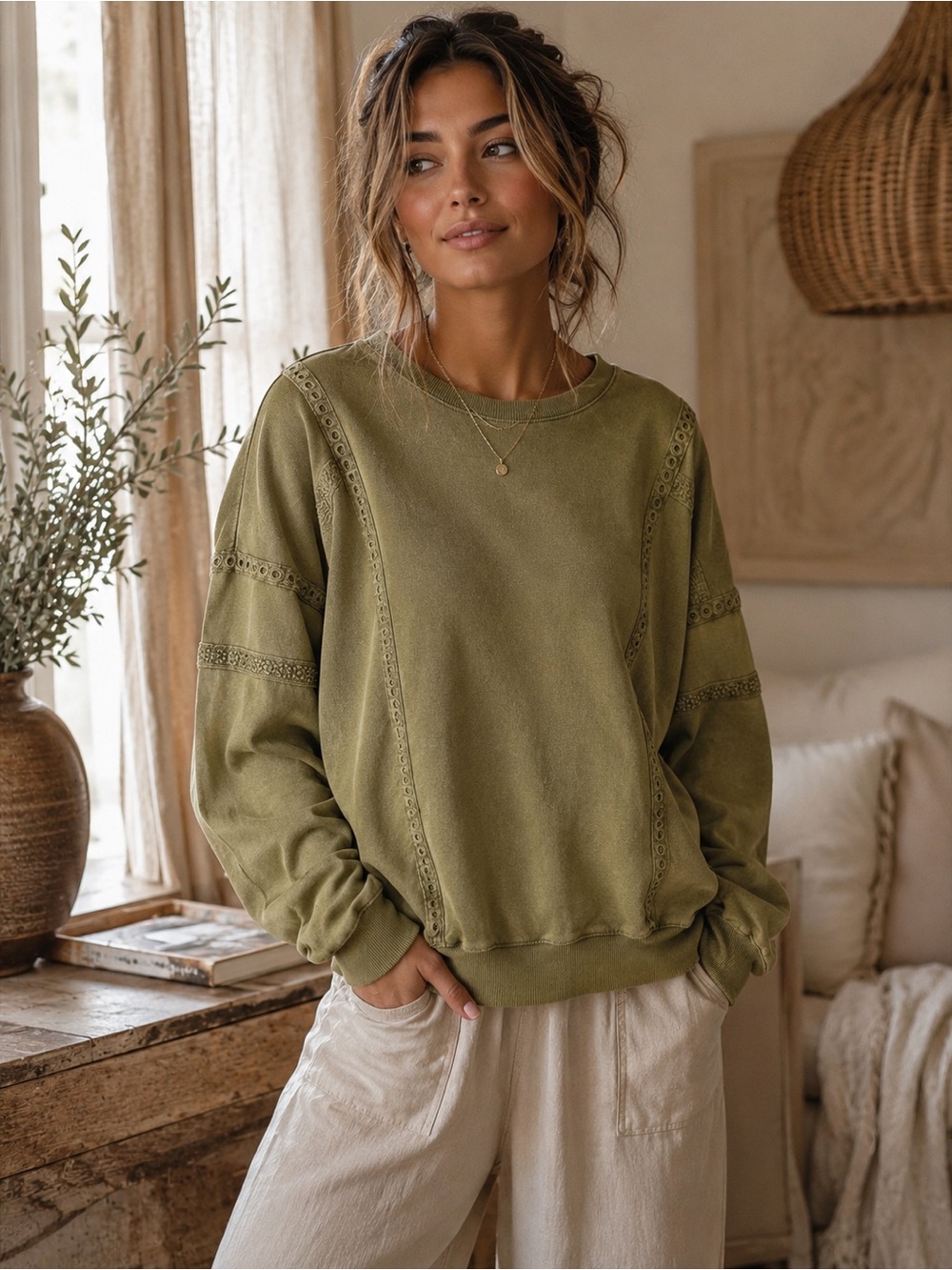 Canyon Retreat Olive Green Lace Trim Oversized Sweatshirt XXS Boho Cozy